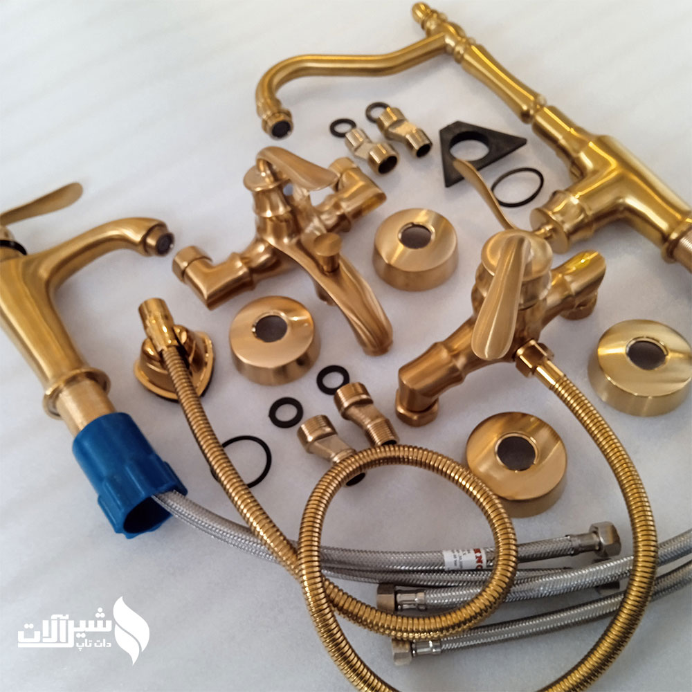 ست شیرآلات 5 عددی اندیکا مدل بامبو طلایی مات همراه با شلنگ