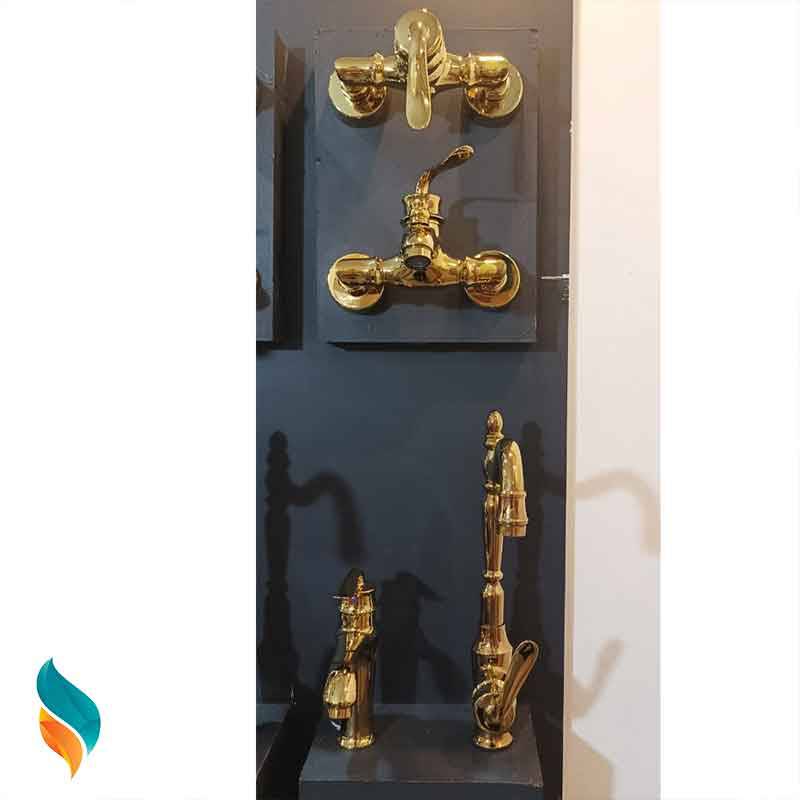 ست شیرآلات 9 عددی اندیکا مدل بامبو طلایی همراه با روشویی و آفتابه اضافه با علم رسوبگیر اتومات