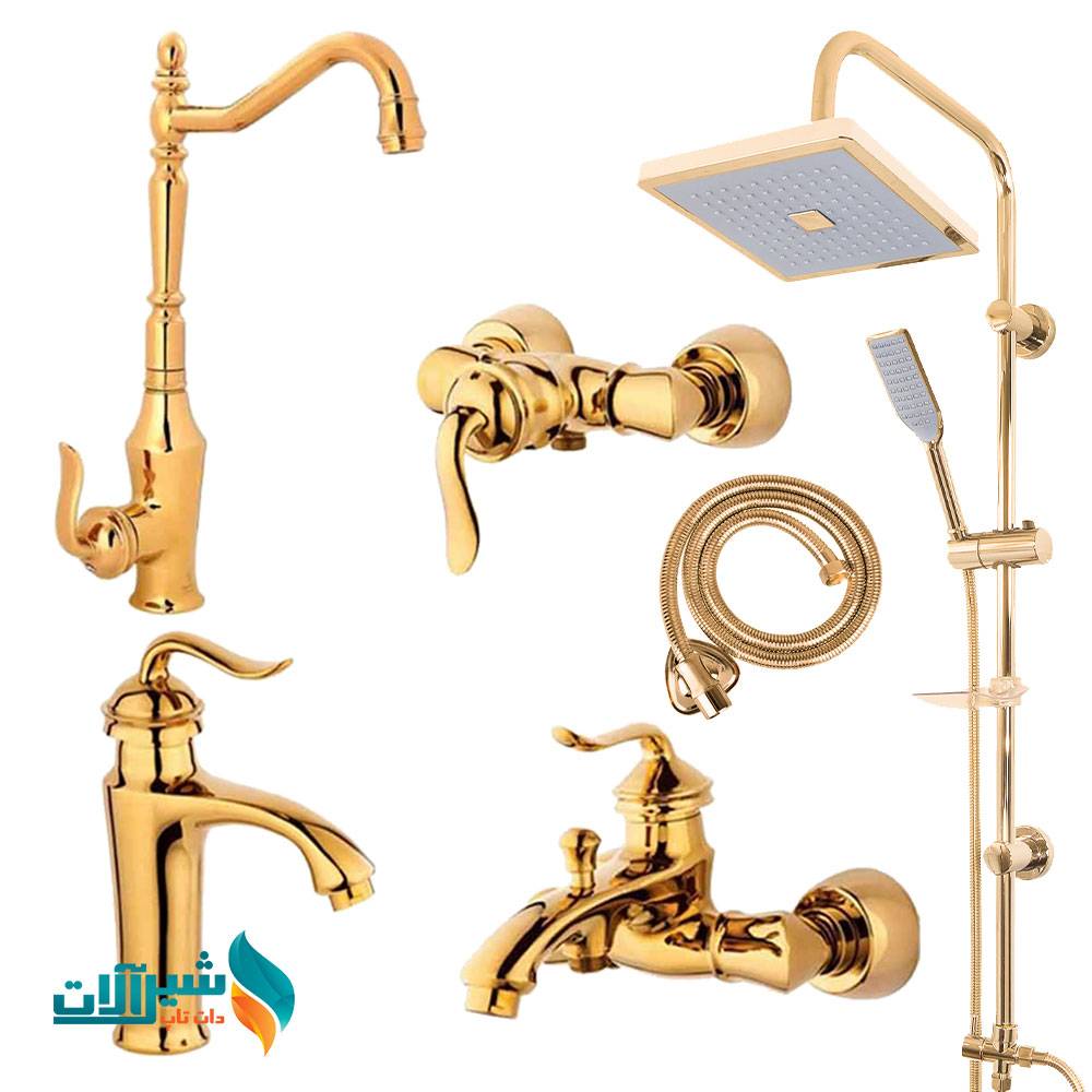 ست شیرالات اندیکا مدل بامبو طلایی با علم دوش رسوب گیر دکمه ای