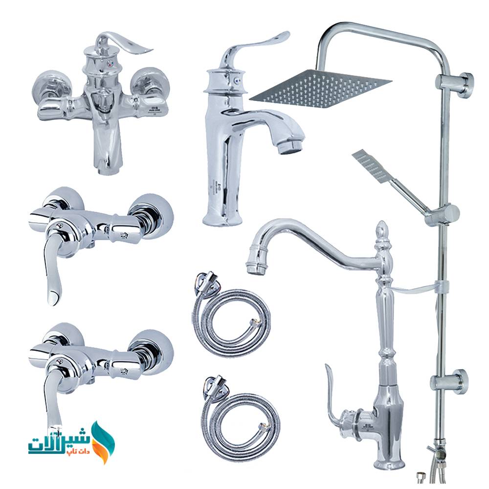 ست شیرآلات اندیکا مدل بامبو با علم دوش استیل 20×30 | طراحی خاص و بدنه مقاوم | مجموعه ۸ عددی