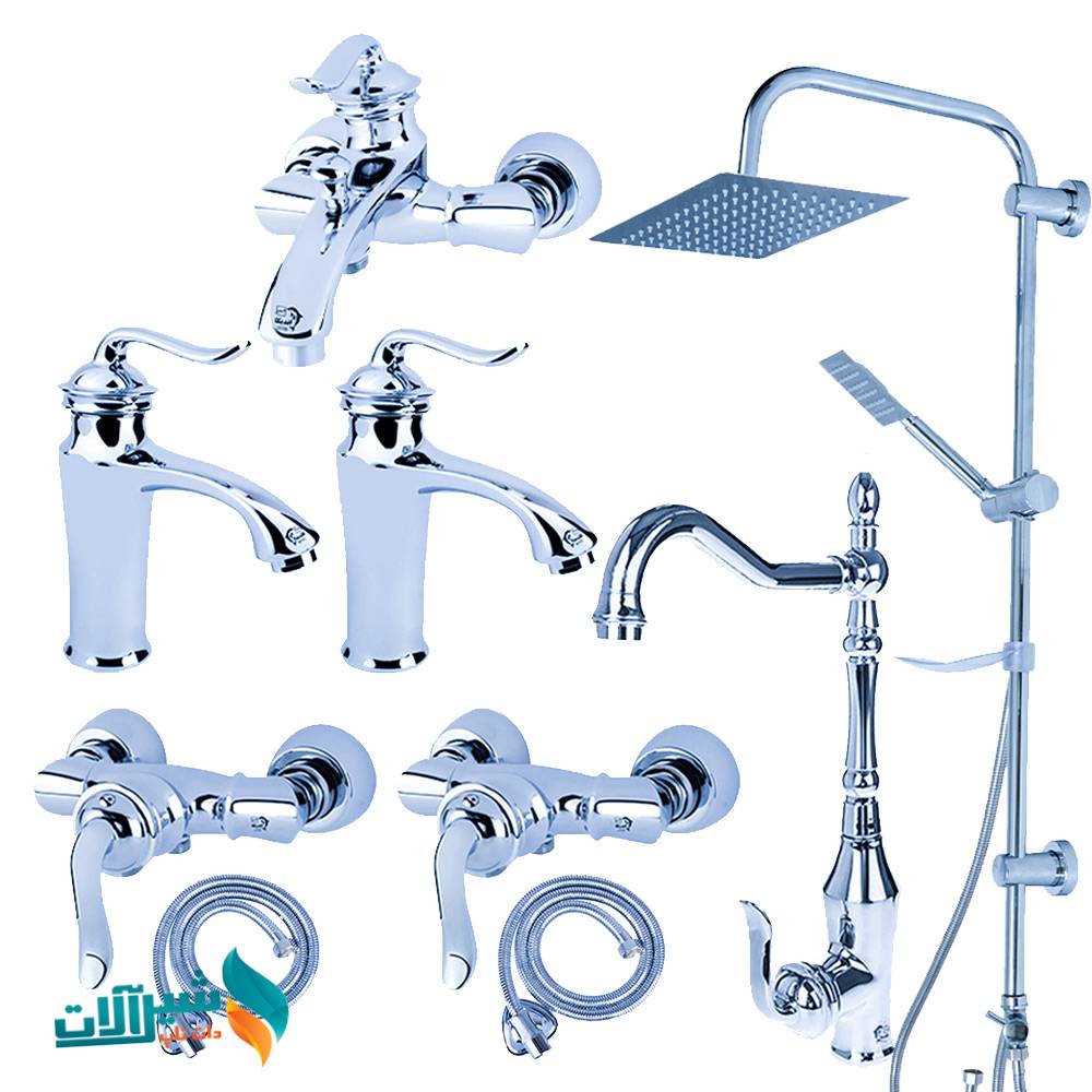 ست شیرآلات اندیکا مدل بامبو با علم دوش استیل مستطیل | مجموعه ۹ عددی برنجی با روکش کروم براق و گارانتی ۵ ساله