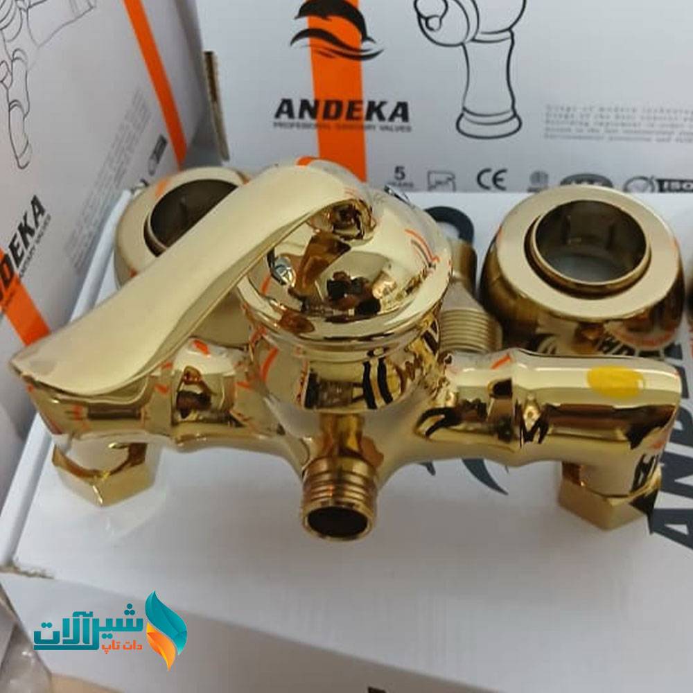 ست شیرالات اندیکا مدل بامبو طلایی با علم دوش رسوب گیر دکمه ای