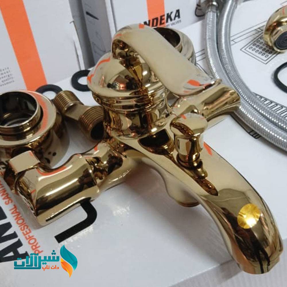 ست شیرالات اندیکا مدل بامبو طلایی با علم دوش رسوب گیر دکمه ای