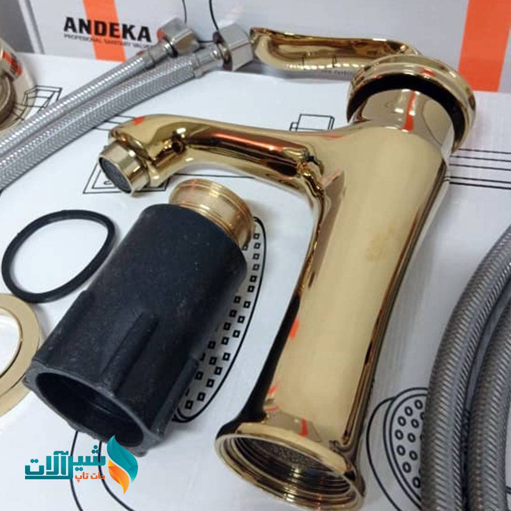 ست شیرالات اندیکا مدل بامبو طلایی با علم دوش رسوب گیر دکمه ای