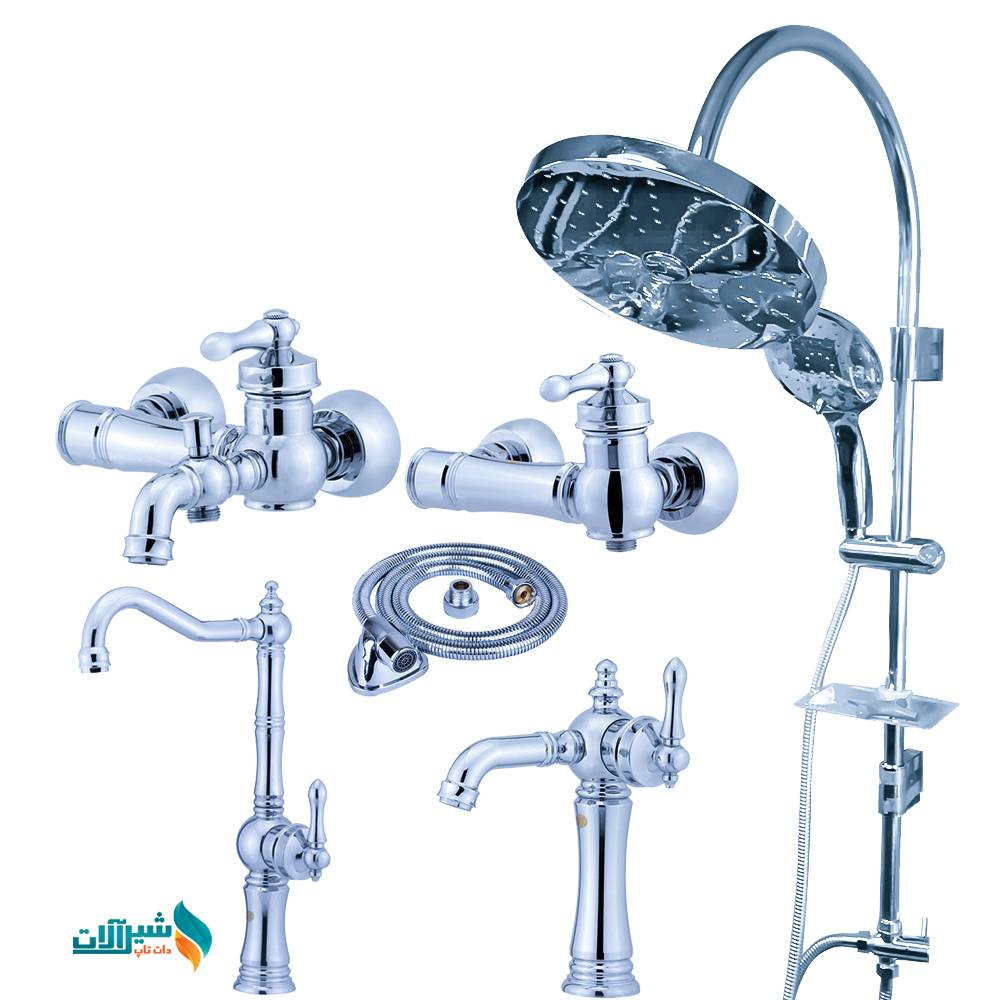 ست 6 عددی شیرآلات اندیکا مدل الیزه با علم دوش رسوب‌گیر دکمه‌ای گرد | طراحی مدرن و دوام بالا