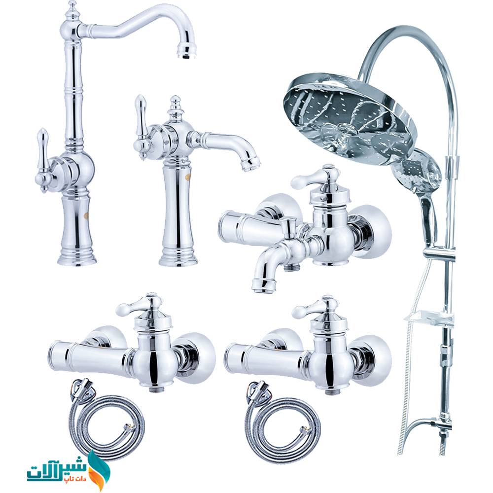 ست 8 عددی شیرآلات اهرمی اندیکا مدل الیزه با علم دوش رسوب گیر دکمه ای گرد