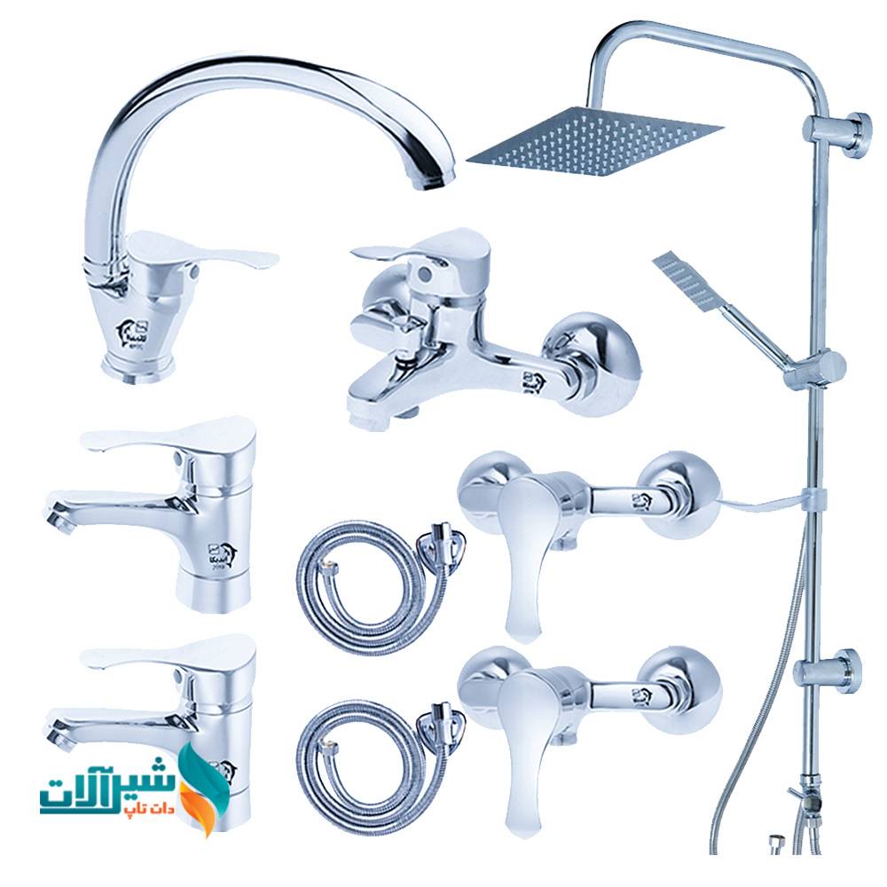 ست شیرآلات اندیکا مدل لاله با علم دوش استیل مستطیل | مجموعه ۹ عددی برنجی با روکش کروم براق و گارانتی ۵ ساله