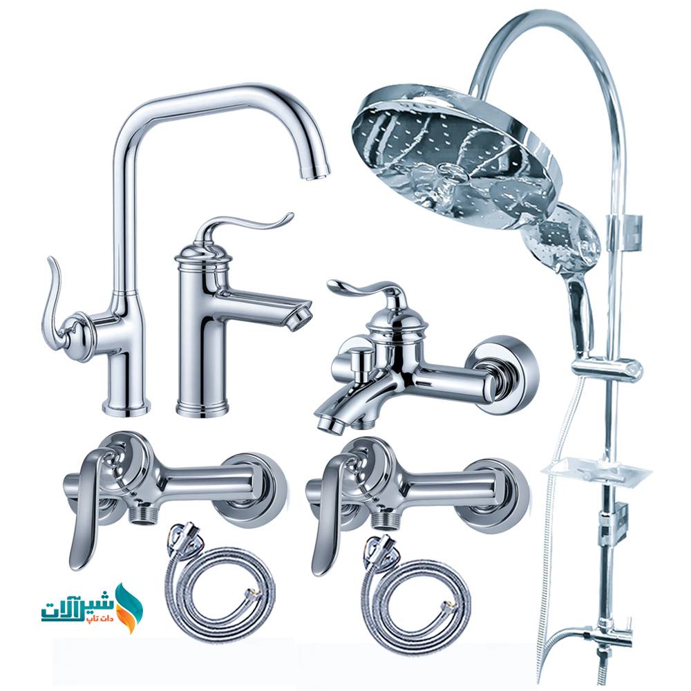 ست 8 عددی شیرآلات اهرمی اندیکا مدل نیکا با علم دوش رسوب گیر دکمه ای گرد