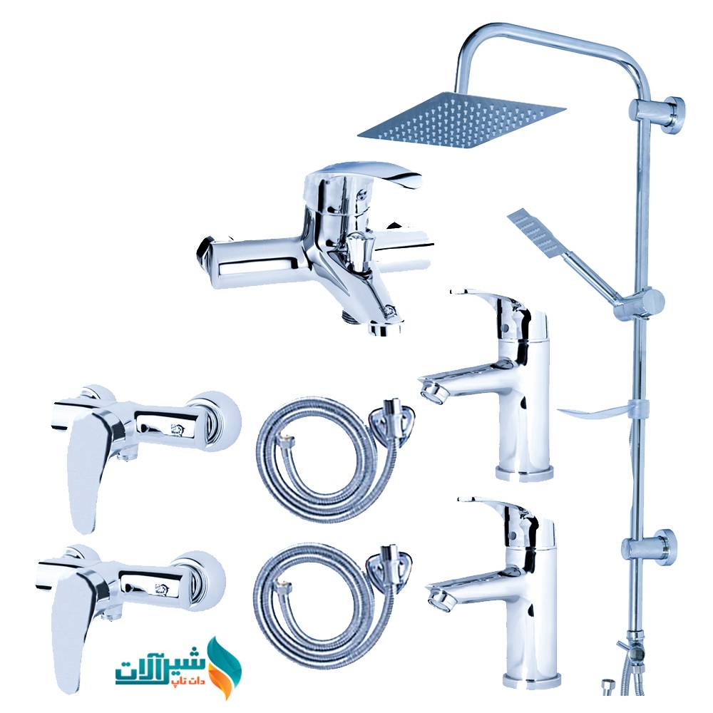 ست شیرآلات اندیکا مدل پریا با علم دوش استیل 20×30 | طراحی مدرن و بادوام | مجموعه ۸ عددی