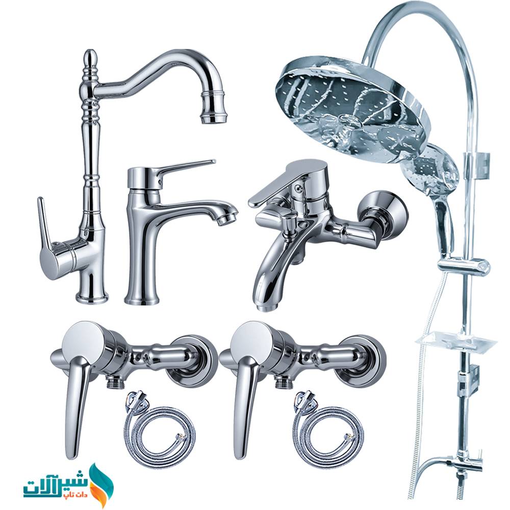 ست 8 عددی شیرآلات اهرمی اندیکا مدل صدف با علم دوش رسوب گیر دکمه ای گرد